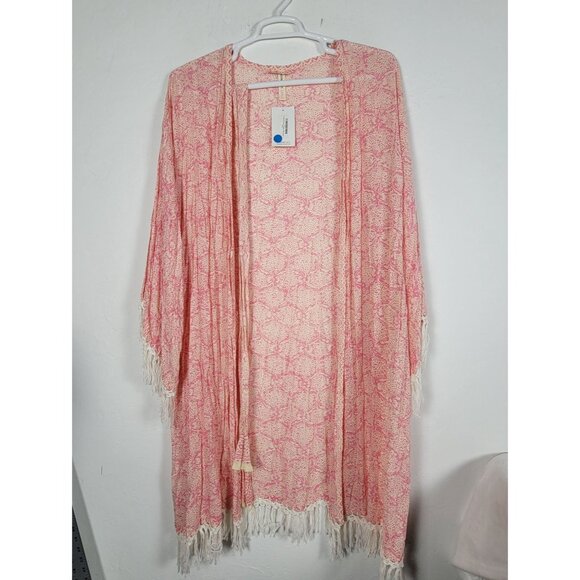 Moonlight Lily Womens Fringe Kimono Robe One Size Pink Floral Boho Hand Made New - Picture 1 of 8